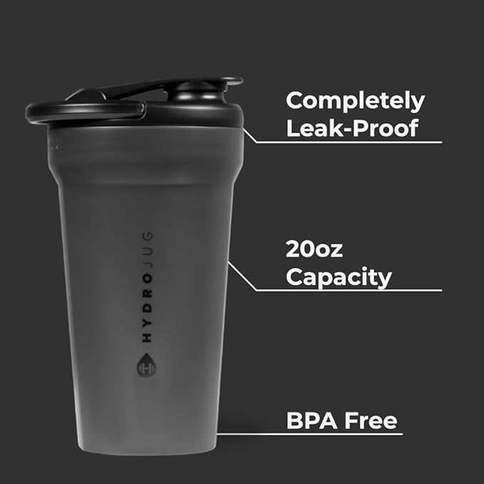 Hydrojug 20 oz Noiseless Shaker Bottle – 100% Leakproof Shaker Cup for Protein Mixes, Pre-Workout & Supplement Shakes – Durable, Easy Clean Design, Black