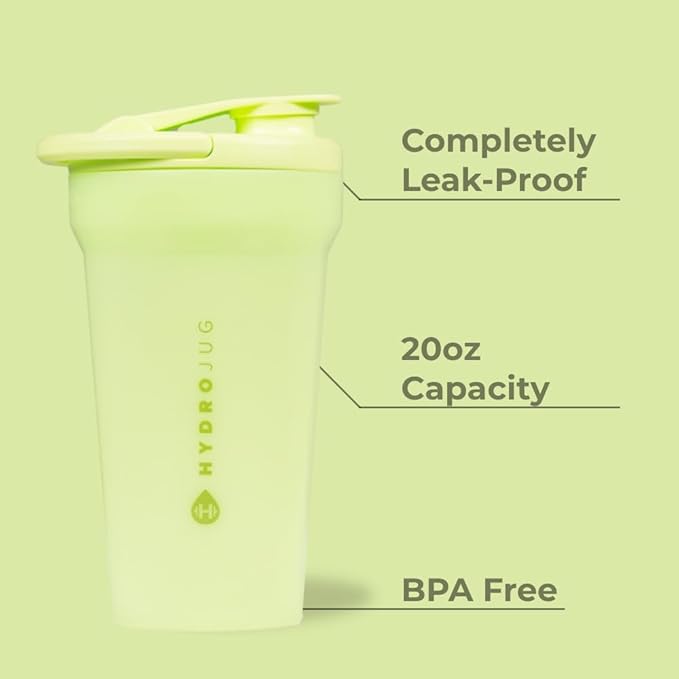 Hydrojug 20 oz Noiseless Shaker Bottle – 100% Leakproof Shaker Cup for Protein Mixes, Pre-Workout & Supplement Shakes – Durable, Easy Clean Design, Honeydew