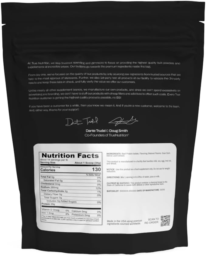 True Nutrition Grass Fed Beef Protein Powder Isolate - 29g of Paleo, Keto, Carnivore Beef Protein per Serving - Zero Carb, Fat and Gluten Free, Dairy Free, Soy Free - French Vanilla - 2 LB