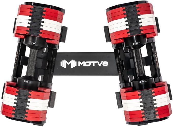 Decabell 580 Adjustable Dumbbells - Motv8 Decabell 580s, 5lbs - 80lbs Adjustable Free Weight Nuobell Style Dumbbell for Men and Women - Strength Training and Fitness (Pair of 2 Dumbbells)