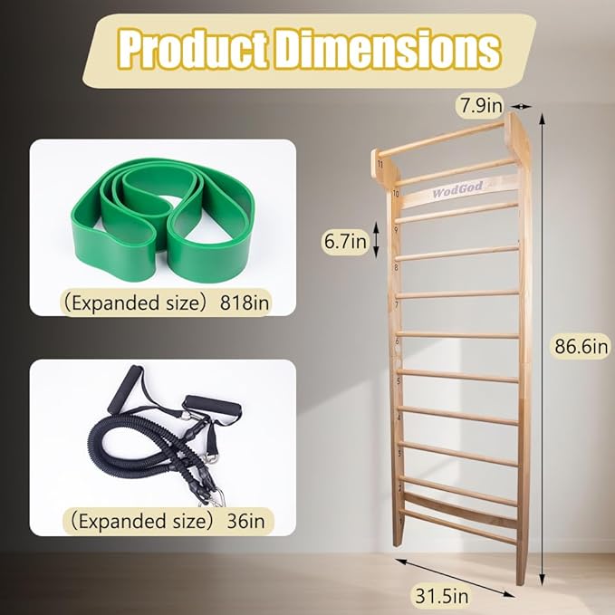 Wood Swedish Ladder with 11 Strategic Rods,Stall Bar,Include Exercise Straps+Pull-Up Resistance Band+Pull-Up Bar,31.5”*86.6”,Wall Mounted,Stretching and Various Exercises,Indoor Home School Gym Fitness