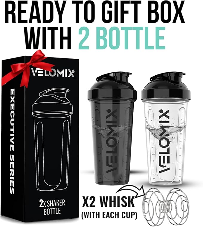 -2 Pack- 28 oz Protein Shaker Bottles for Protein Mixes - 2x Wire Whisk | Leak Proof Shaker Cups for Protein Shakes and Pre Workout | Protein Shaker Bottle Pack (Gift Box)