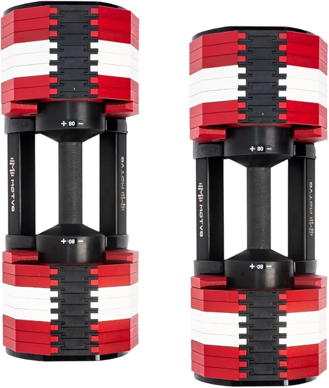 Decabell 580 Adjustable Dumbbells - Motv8 Decabell 580s, 5lbs - 80lbs Adjustable Free Weight Nuobell Style Dumbbell for Men and Women - Strength Training and Fitness (Pair of 2 Dumbbells)