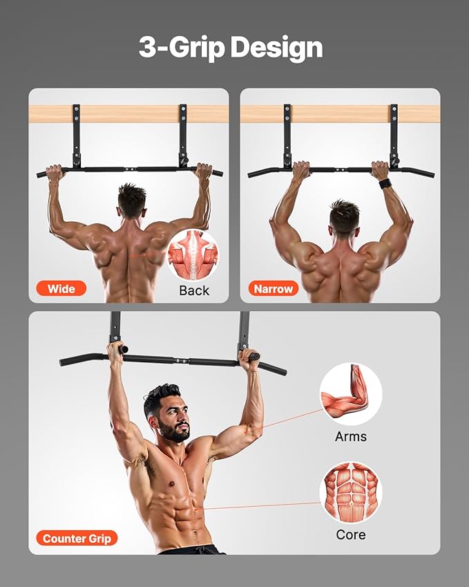 VEVOR Joist Mount Pull Up Bar, Ceiling Mounted Chin Up Bar for Home Gym, Multi-Grip Pull Ups, 42 in Width Multifunctional Training Station, Heavy Duty Steel Upper Body Workout Bars, 440 lbs Capacity