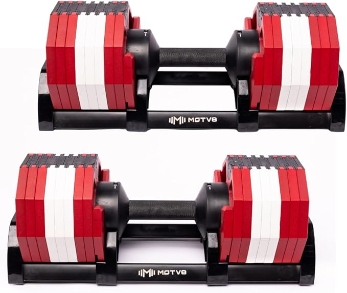 Decabell 580 Adjustable Dumbbells - Motv8 Decabell 580s, 5lbs - 80lbs Adjustable Free Weight Nuobell Style Dumbbell for Men and Women - Strength Training and Fitness (Pair of 2 Dumbbells)