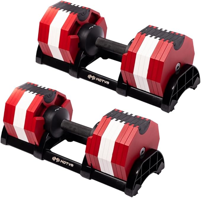 Decabell 580 Adjustable Dumbbells - Motv8 Decabell 580s, 5lbs - 80lbs Adjustable Free Weight Nuobell Style Dumbbell for Men and Women - Strength Training and Fitness (Pair of 2 Dumbbells)