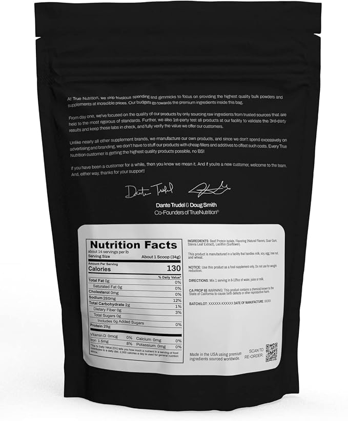 True Nutrition Grass Fed Beef Protein Powder Isolate - 29g of Paleo, Keto, Carnivore Beef Protein per Serving - Zero Carb, Fat Free, Gluten Free, Dairy Free, Soy Free - French Vanilla - 1LB