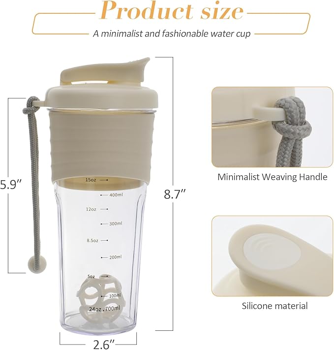 Shaker Bottle for Protein Mixes, 24 oz, Protein Shaker with Whisk Ball, Mixer Bottle, Portable Pre Workout Whey Drink Shaker Cup, Beige