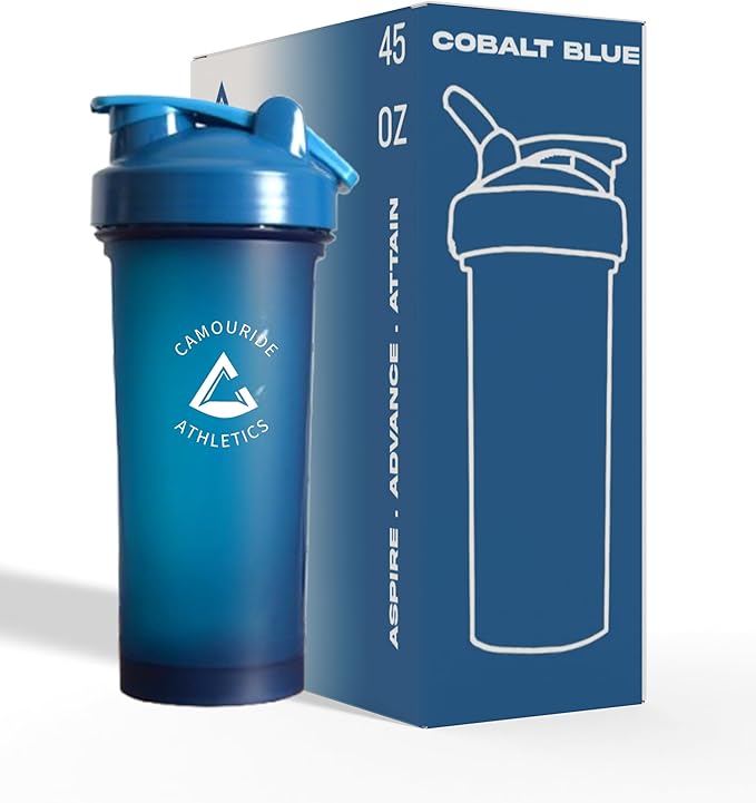 2 Pack 45 oz Protein Shaker Bottles with Wire Whisk – BPA-Free, Leak-Proof Shaker Cups for Protein Shakes & Smoothies – Large Plastic Mixer Bottle – Classic White & Cobalt Blue