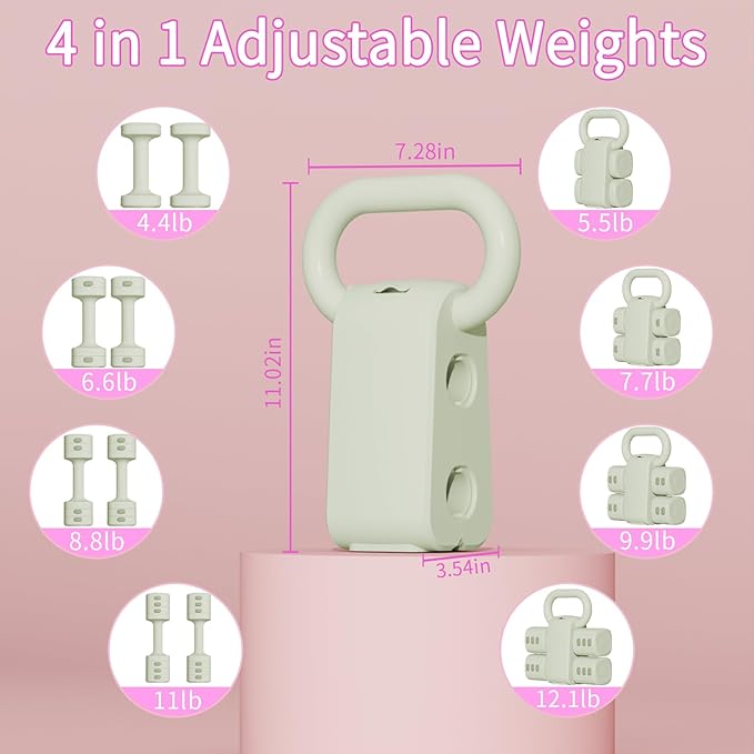 Adjustable Kettlebell Set, 4-in-1 Free Weight Kettlebell sets (5.5lbs 7.7lbs 9.9lbs 12.1lbs) for women, Weight Dumbbell Set of 2 for Home Gym Fitness Training