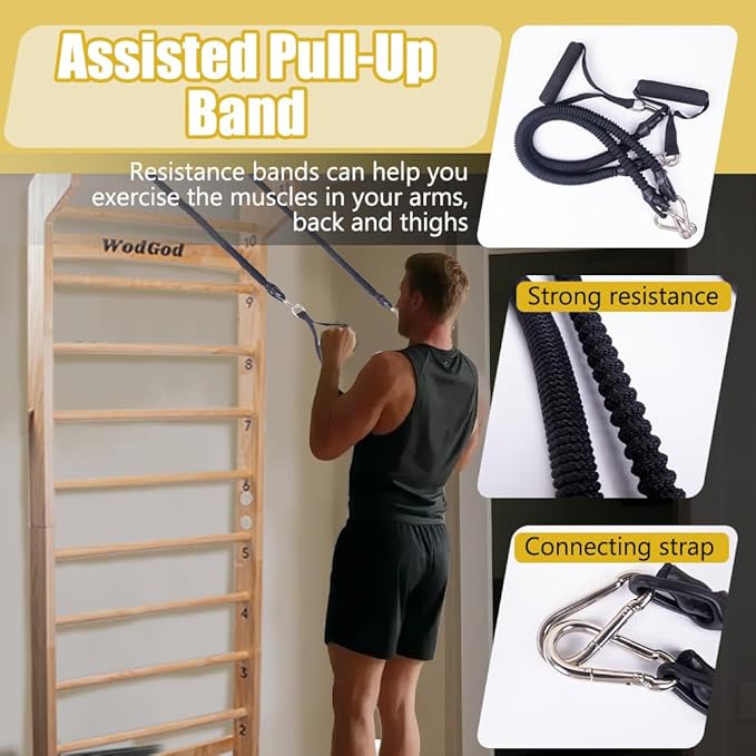 Wood Swedish Ladder with 11 Strategic Rods,Stall Bar,Include Exercise Straps+Pull-Up Resistance Band+Pull-Up Bar,31.5”*86.6”,Wall Mounted,Stretching and Various Exercises,Indoor Home School Gym Fitness