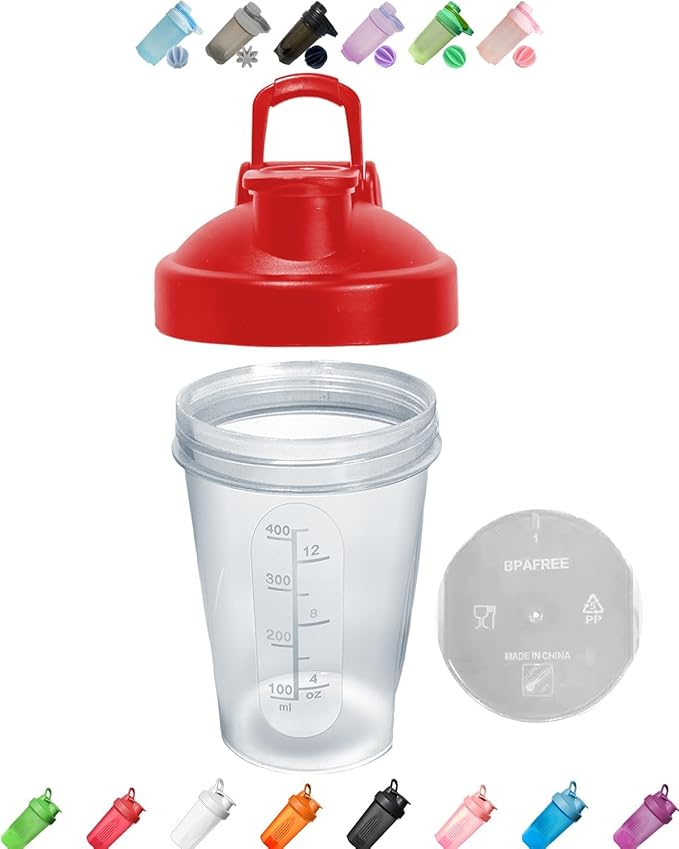 Blender Shaker Bottle w. BPA free, Leak Proof, Embossed Ounce & Milliliter Markings ,Best Shaker Bottle for Protein Powder-Juice Mixer, Fitness Shaker Cup w. Whisk Ball(Clear Body-16 Oz, Red)