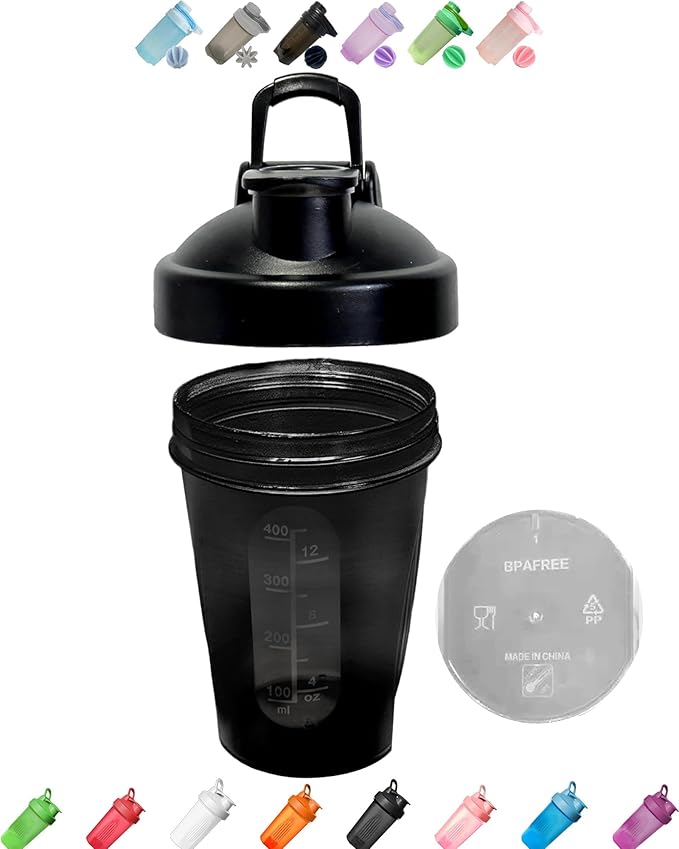 An Ergonomic Small Black Wide Mouth Shaker Cup,Made of Premium PP5 (BPA FREE),Modelized Scale Marks 4-8-12 Oz,Black Leakproof Screwable Cover Lid (Style May Vary) & Whisk,Free Replacement in 10 Months