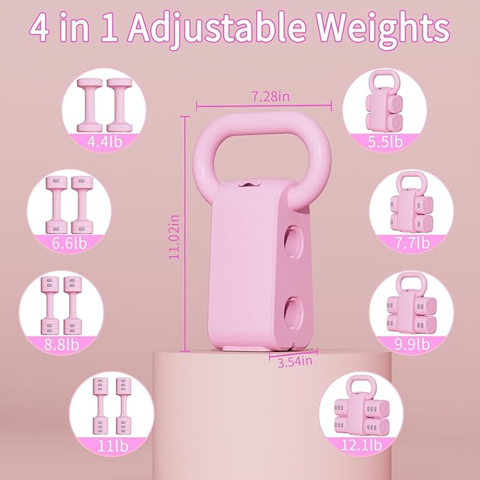 Adjustable Kettlebell Set, 4-in-1 Free Weight Kettlebell sets (5.5lbs 7.7lbs 9.9lbs 12.1lbs) for women, Weight Dumbbell Set of 2 for Home Gym Fitness Training