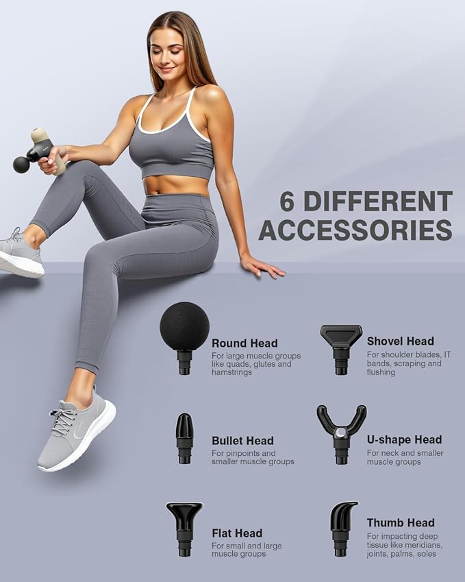 Mini Massage Gun Portable Deep Tissue Muscle Percussion Massager, Electric Handheld Sport Massager with 6 Massage Heads 4 Speed, Best Gift (Almond)