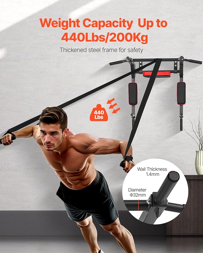 VEVOR Multifunctional Pull Up Bar, Wall Mounted Chin Up Bar Dip Station for Home Gym, Heavy Duty Steel Upper Body Workout Pull Ups, Power Tower Set Training Equipment Fitness, 440 lbs Weight Capacity
