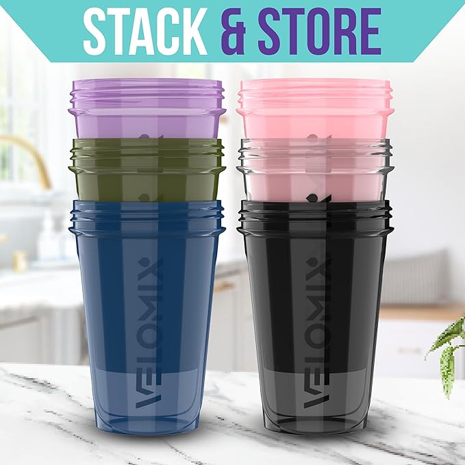 -6 PACK- Shaker Cups for Protein Shakes 20 oz - 6x Wire Whisk | Leak Proof Protein Shaker Bottle for Protein Shakes, Shaker Bottle Pack for Pre & Post Workout, Shaker Cup (Muted Contrast)