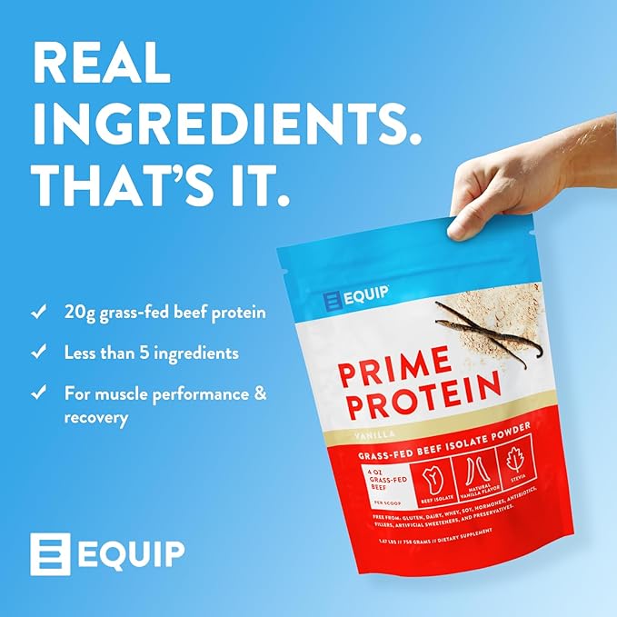 Equip Foods Prime Protein Powder | Clean, Grass Fed Beef Protein Powder | Carnivore Protein Isolate | Paleo, Keto Friendly | Gluten & Dairy Free | Helps Build & Repair Tissue | 30 Servings, Vanilla