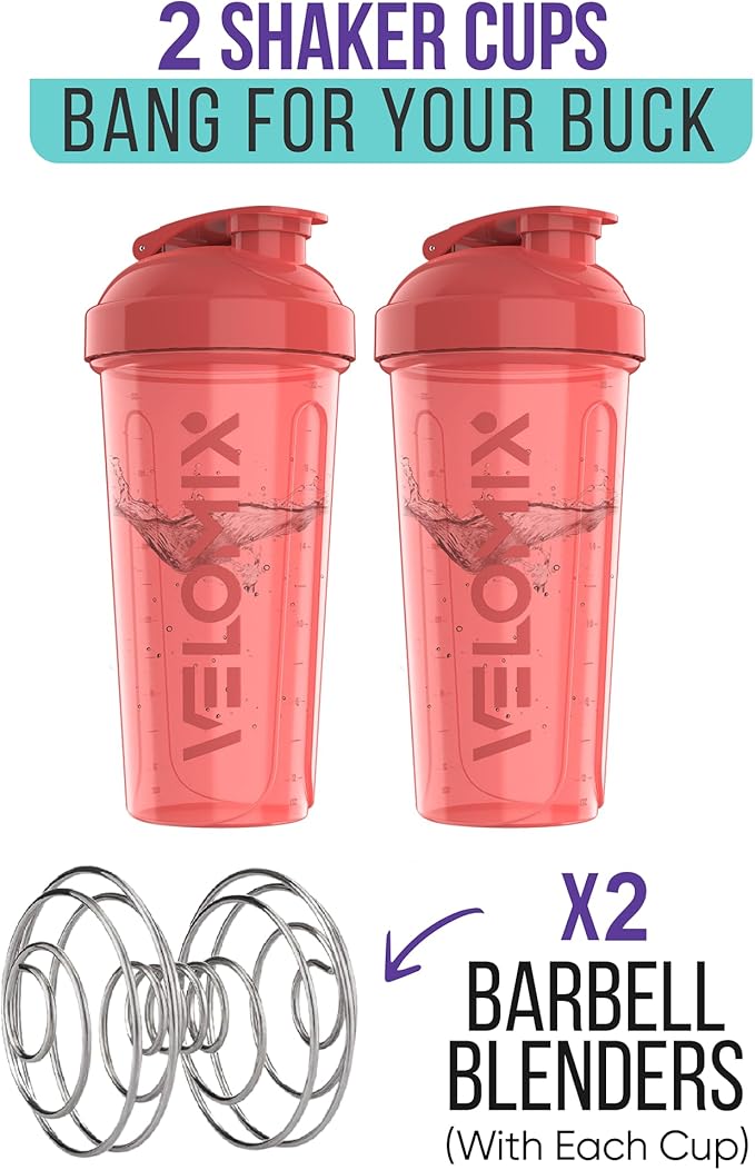 -2 Pack- 28 oz Protein Shaker Bottles for Protein Mixes - 2x Wire Whisk | Leak Proof Shaker Cups for Protein Shakes | Protein Shaker Bottle Pack (Pink Set)