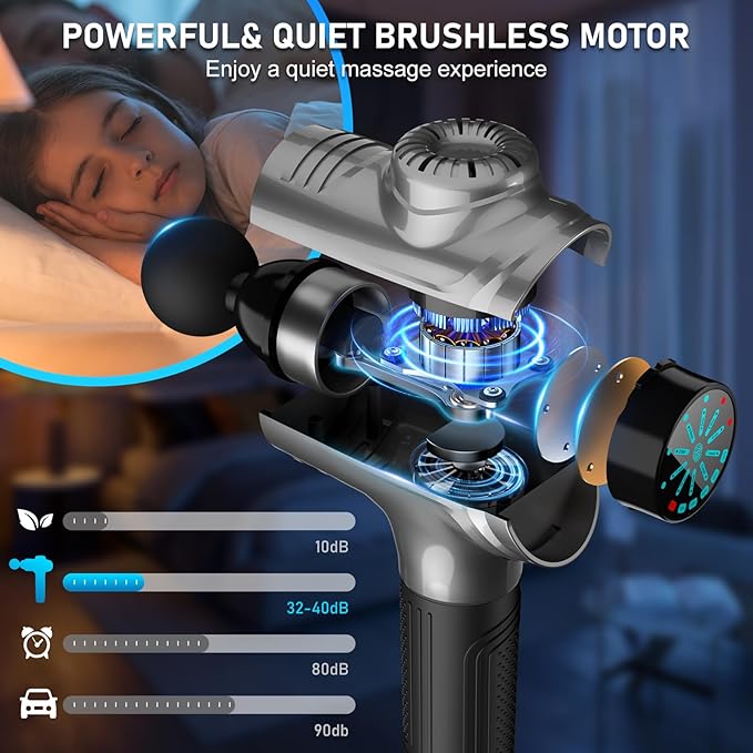 RAEMAO Massage Gun, Massage Gun Deep Tissue, Back Massage Gun for Athletes for Pain Relief Attaching 10 PCS Replacement Heads, Percussion Massager with 10 Speeds & LED Screen, Grey
