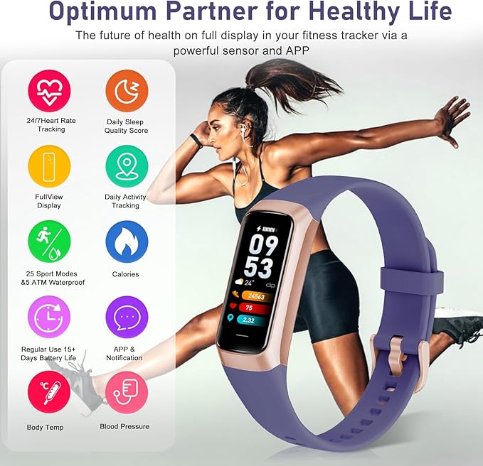 Fitness Tracker with 24/7 Heart Rate, Blood Oxygen Blood Pressure Sleep Monitor, Activity Trackers 5 ATM Waterproof,Step Calorie Counter Pedometer Health Smart Watch for Women Men Purple