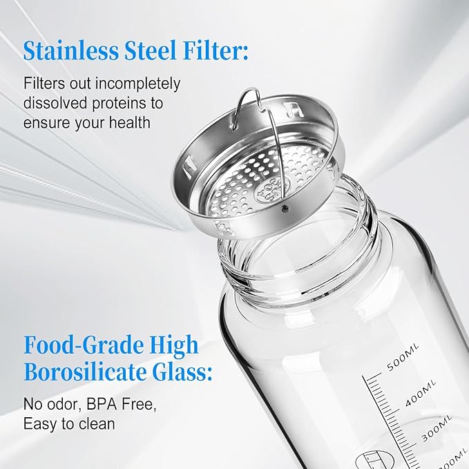 Glass Shaker Bottle, 2 Pack 22oz BPA-Free Odorless Shaker Bottle with 304 Stainless Steel Ball and Removable Cleaning Brush for Fitness Protein Mixes