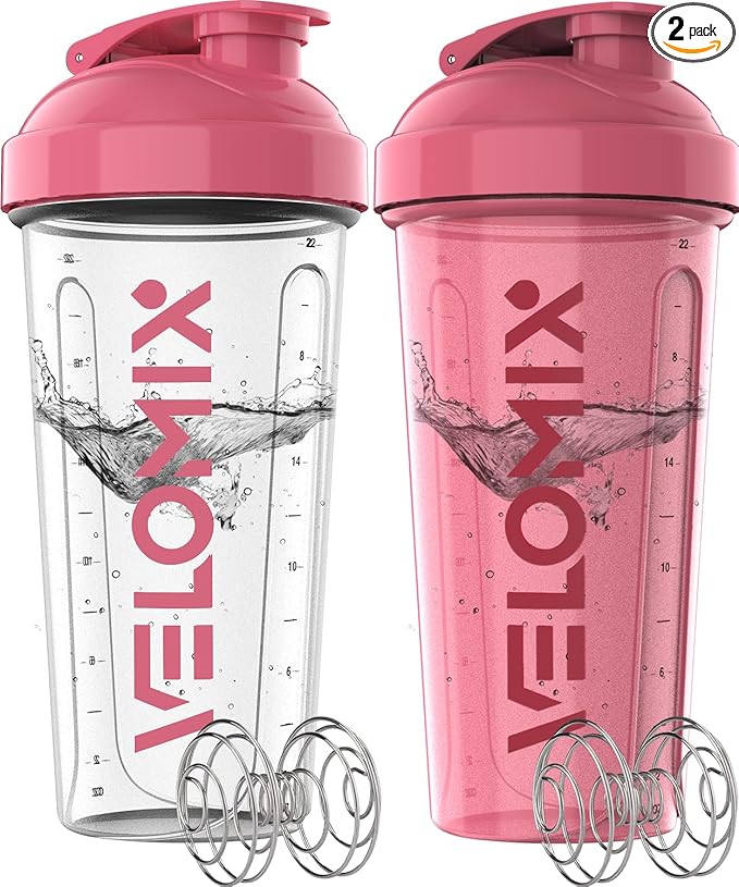 -2 Pack- 28 oz Protein Shaker Bottles for Protein Mixes - 2x Wire Whisk | Leak Proof Shaker Cups for Protein Shakes | Protein Shaker Bottle Pack (Pink/Transparent)