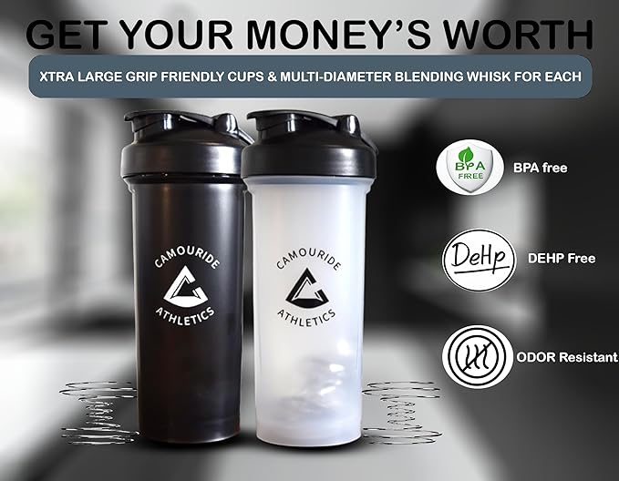 2 Pack 45 oz Protein Shaker Bottles with Wire Whisk – BPA-Free, Leak-Proof Shaker Cups for Protein Shakes & Smoothies – Large Plastic Mixer Bottle – Classic White & Midnight Black