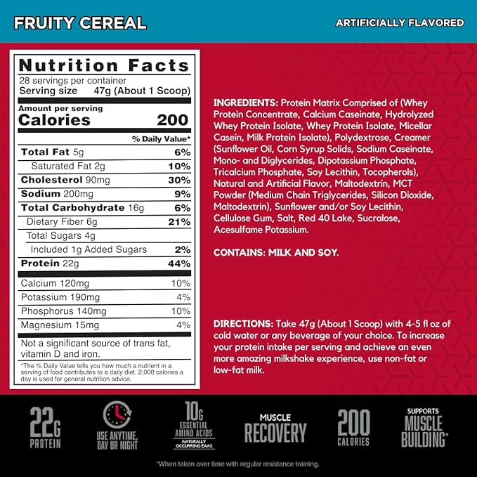 BSN SYNTHA-6 Premium Protein Powder with 6g of Fiber, Whey Protein, Micellar Casein, Milk Protein Isolate Blend, 5g Fat, Fruity Cereal, 28 Servings (Packaging May Vary)