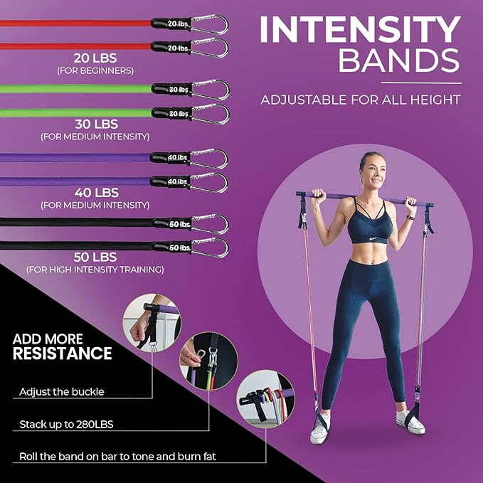 Portable Pilates Bar Kit with Resistance Bands (20, 30, 40, 50 LB) - 8 Week Video Program - Premium Quality Home Equipment 3 Section Pilates Bar with Resistance Bands Full-Body
