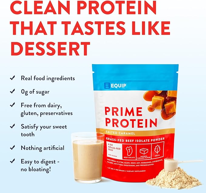 Equip Foods Prime Protein Powder | Clean, Grass Fed Beef Protein Powder, Carnivore Protein Isolate | Paleo, Keto Friendly, Gluten & Dairy Free, Helps Build & Repair Tissue| 30 Servings, Salted Caramel