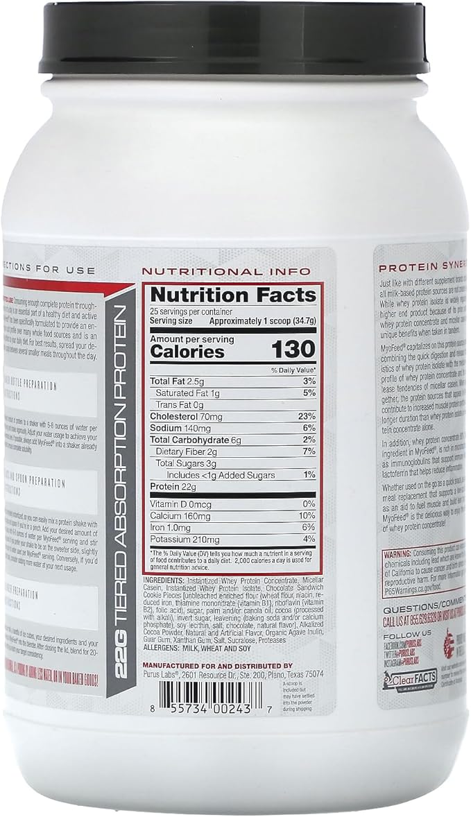 Purus Labs Myofeed Blended Protein | Ultra Filtered Whey Isolate & Concentrate | Soluble Fiber & Digestive Enzymes | 25 Servings (Chocolate Cookie Crunch)