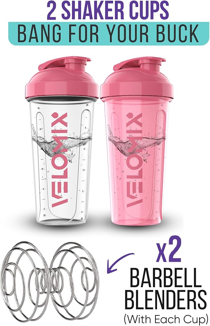 -2 Pack- 28 oz Protein Shaker Bottles for Protein Mixes - 2x Wire Whisk | Leak Proof Shaker Cups for Protein Shakes | Protein Shaker Bottle Pack (Pink/Transparent)