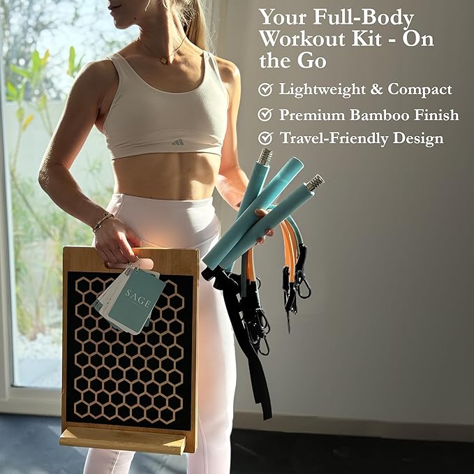 3-in-1 Workout Kit by Sage London - Premium Bamboo Slant Board, Pilates Bar Kit with Resistance Bands & 54 Exercise Cards for Home Workouts, Calf Stretcher, Squats, and Pilates Training