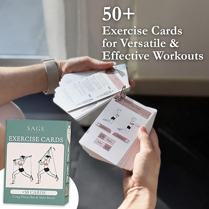 3-in-1 Workout Kit by Sage London - Premium Bamboo Slant Board, Pilates Bar Kit with Resistance Bands & 54 Exercise Cards for Home Workouts, Calf Stretcher, Squats, and Pilates Training