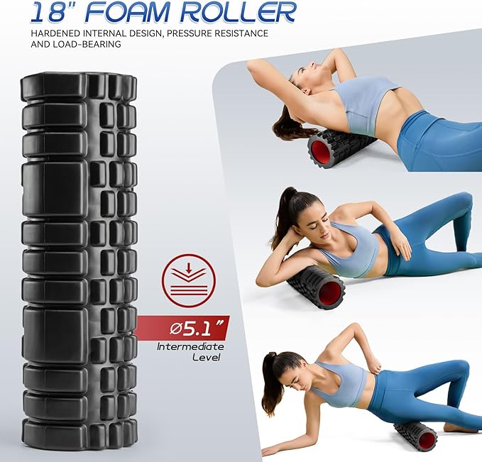 5-in-1 Foam Roller Set, Massage Roller Stick, Massage Ball, Resistance Band for Deep Muscle Massage, Trigger Point Release, Pilates, Yoga (Black-18(2 in 1))