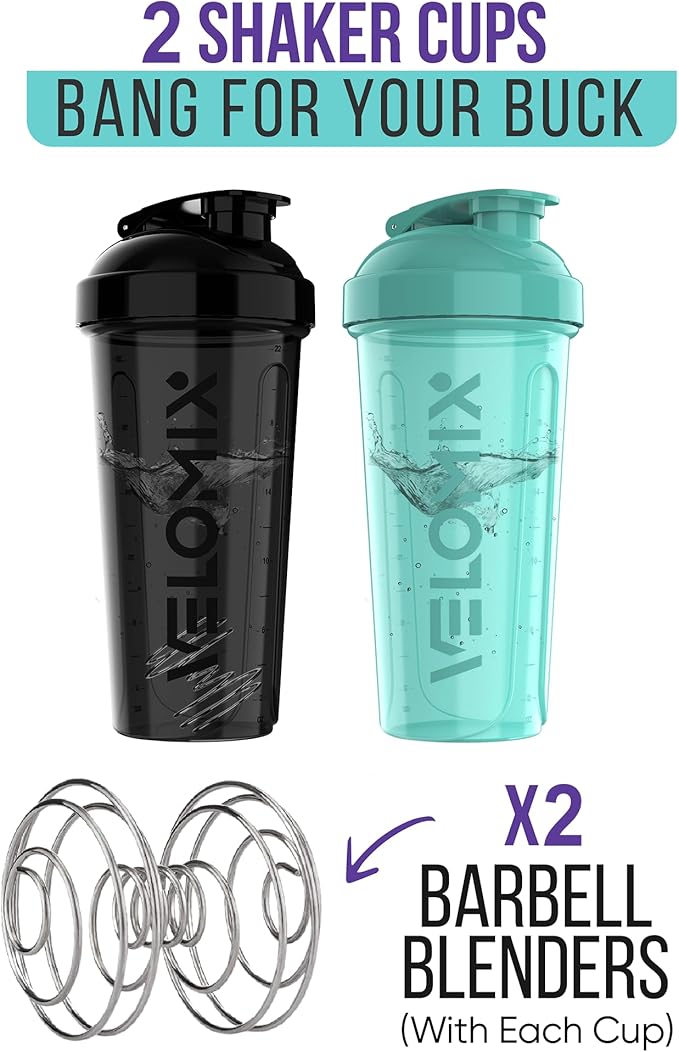 -2 Pack- 28 oz Protein Shaker Bottles for Protein Mixes - 2x Wire Whisk | Leak Proof Shaker Cups for Protein Shakes | Protein Shaker Bottle Pack (Black/Turquoise)