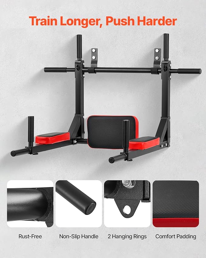 VEVOR Multifunctional Pull Up Bar, Wall Mounted Chin Up Bar Dip Station for Home Gym, Heavy Duty Steel Upper Body Workout Pull Ups, Power Tower Set Training Equipment Fitness, 440 lbs Weight Capacity