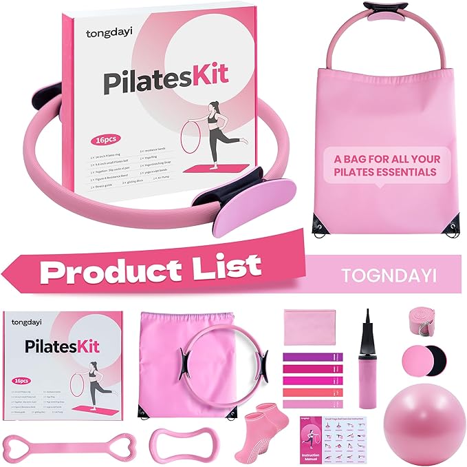 Home Pilates Equipment for Women, Pilates Kit with 14'' Pilates Rings, Yoga Ball, Sliding Disks, Pilates Bands & Accessories - Workout Equipment Home Gym Includes Complete Fitness Poster