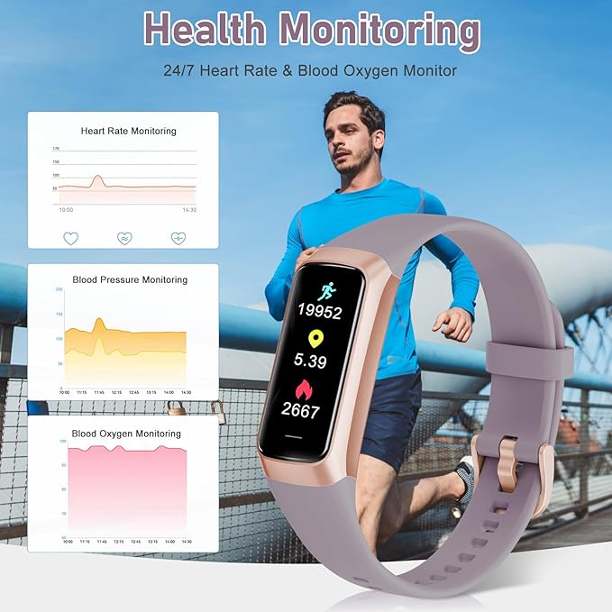 Fitness Tracker with 24/7 Heart Rate,Blood Oxygen Blood Pressure Sleep Monitor, Activity Trackers 5 ATM Waterproof,Step Calorie Counter Pedometer Health Smart Watch for Women Men Dusty Purple