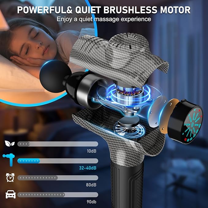 RAEMAO Massage Gun, Massage Gun Deep Tissue, Back Massage Gun for Athletes for Pain Relief Attaching 10 PCS Replacement Heads, Percussion Massager with 10 Speeds & LED Screen, Carbon