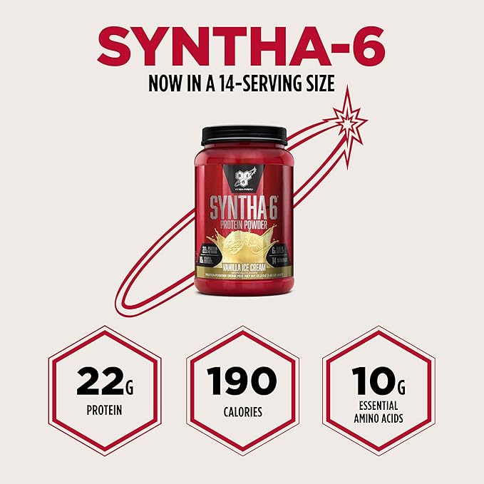 BSN SYNTHA-6 Premium Protein Powder with 6g of Fiber, Whey Protein, Micellar Casein, Milk Protein Isolate Blend, 5g Fat, Vanilla Ice Cream, 14 Servings (Packaging May Vary)