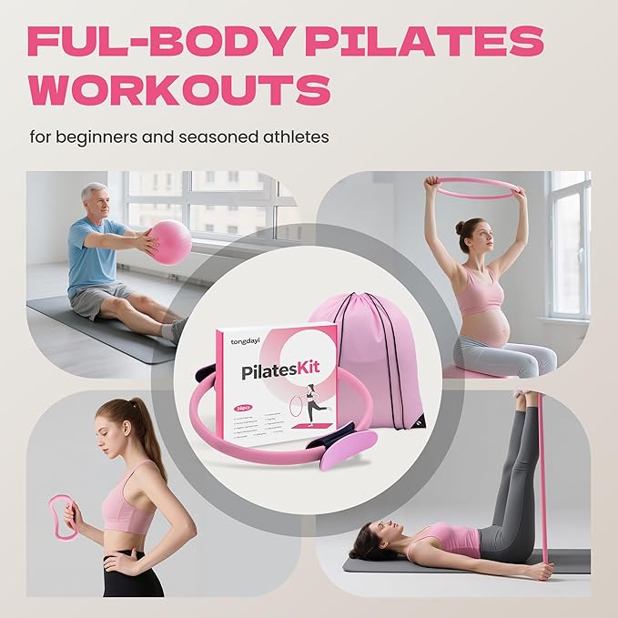 Home Pilates Equipment for Women, Pilates Kit with 14'' Pilates Rings, Yoga Ball, Sliding Disks, Pilates Bands & Accessories - Workout Equipment Home Gym Includes Complete Fitness Poster