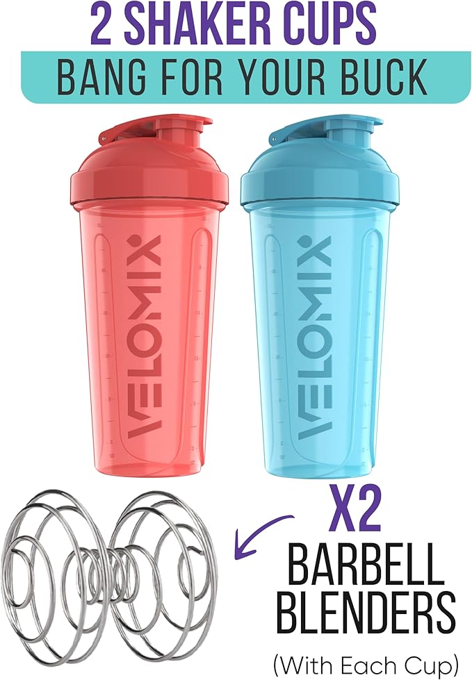 -2 Pack- 28 oz Protein Shaker Bottles for Protein Mixes - 2x Wire Whisk | Leak Proof Shaker Cups for Protein Shakes and Pre Workout | Protein Shaker Bottle Pack (Blue/Pink)