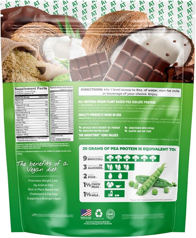 About Time Vegan Protein Powder 20g Chocolate, Natural Ingredients, Non-GMO, Plant Based, Gluten Free, Soy Free, Dairy Free, 32 Servings