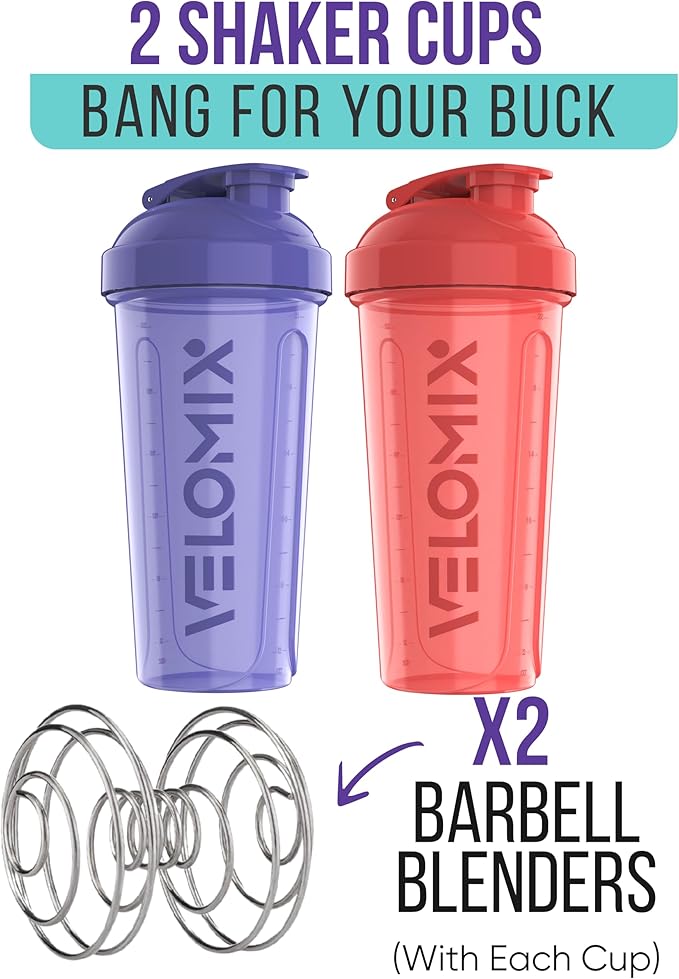 -2 Pack- 28 oz Protein Shaker Bottles for Protein Mixes - 2x Wire Whisk | Leak Proof Shaker Cups for Protein Shakes and Pre Workout | Protein Shaker Bottle Pack (Pink/Purple)