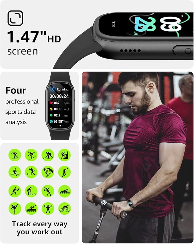 Fitness Tracker (Answer/Dial Call), Smart Watch with 1.47" HD Touch Display, 130+ Sport Modes Activity Tracker with Sleep Monitor, IP68 Waterproof Tracker for Android&iPhone Women Men