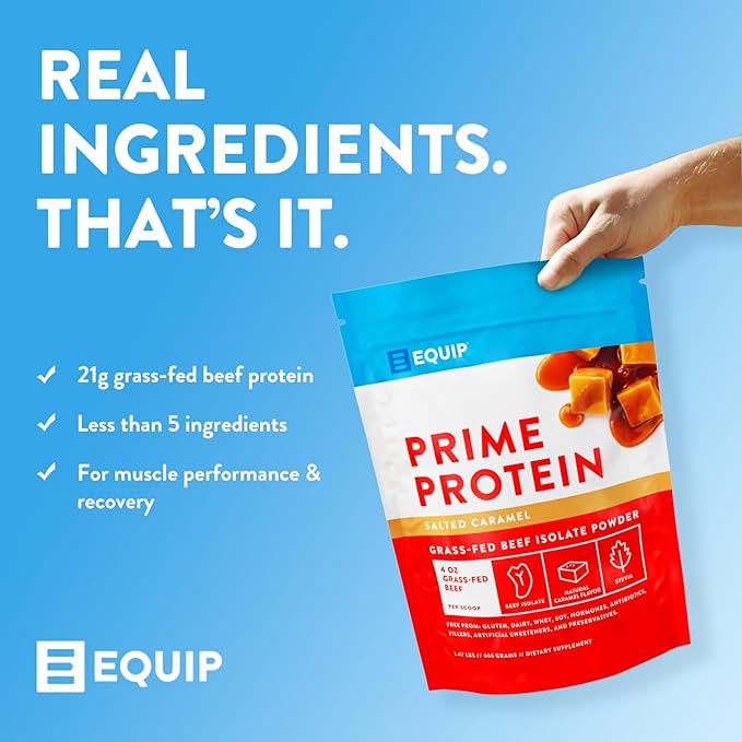 Equip Foods Prime Protein Powder | Clean, Grass Fed Beef Protein Powder, Carnivore Protein Isolate | Paleo, Keto Friendly, Gluten & Dairy Free, Helps Build & Repair Tissue| 30 Servings, Salted Caramel