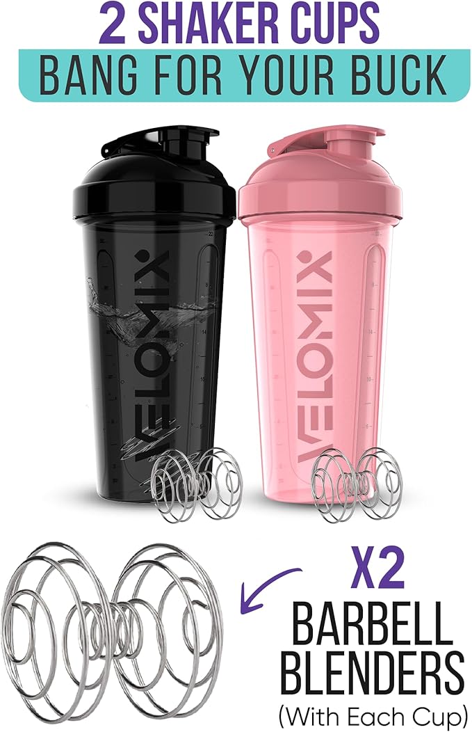 -2 Pack- 28 oz Protein Shaker Bottles for Protein Mixes - 2x Wire Whisk | Leak Proof Shaker Cups for Protein Shakes | Protein Shaker Bottle Pack | Shakers for Protein Shakes-Pink&Black