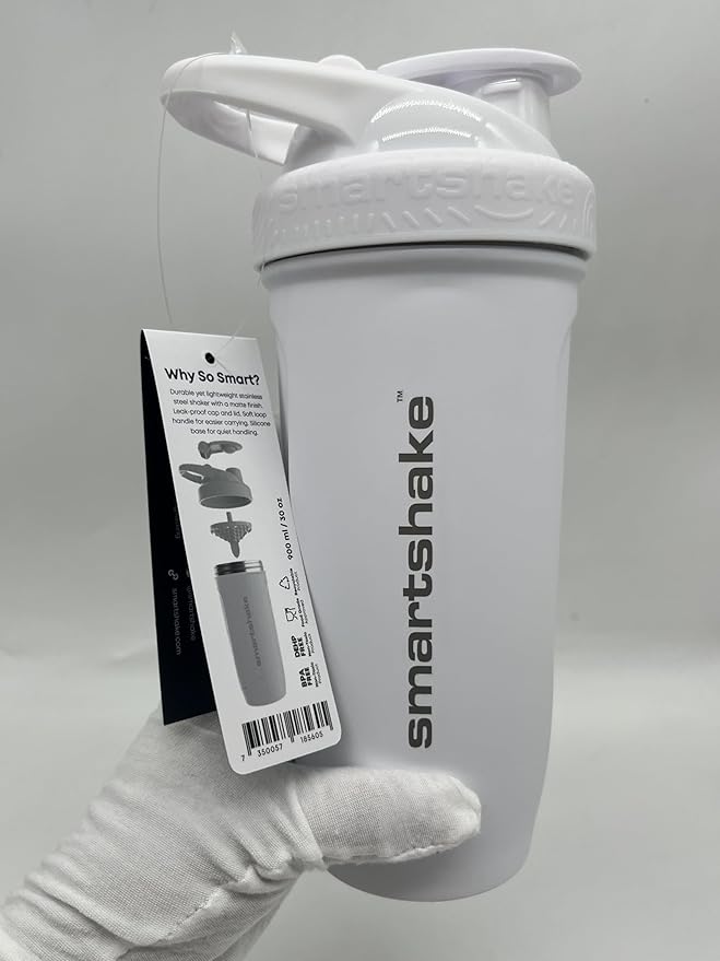 Smartshake Reforce Stainless Steel Protein Shaker Bottle 900 ml | 30 oz - Leakproof Screw-on Lid - BPA Free – Unisex - Non Insulated - White